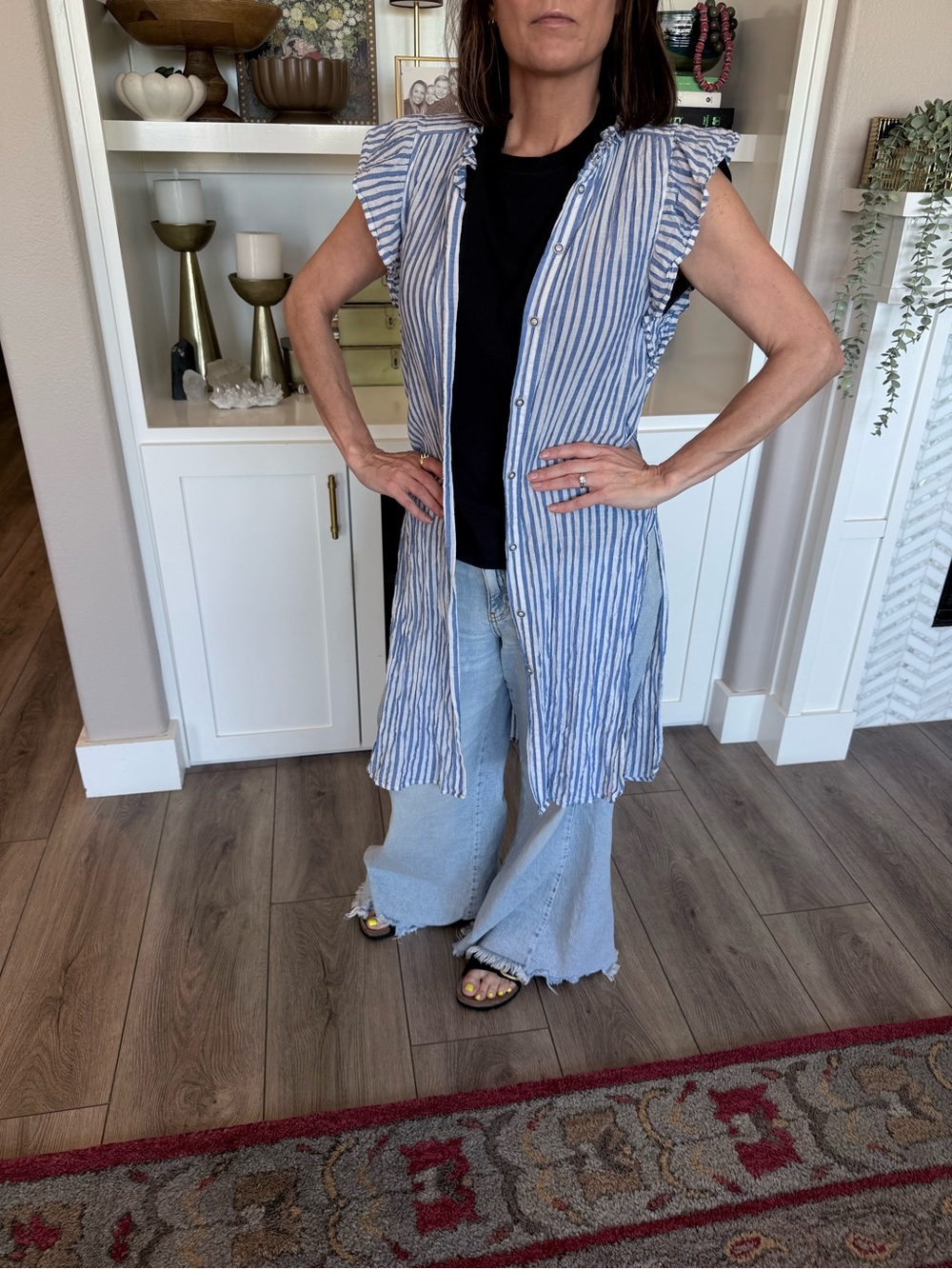 Striped Blue & White Women’s Long Button  up - Maeve